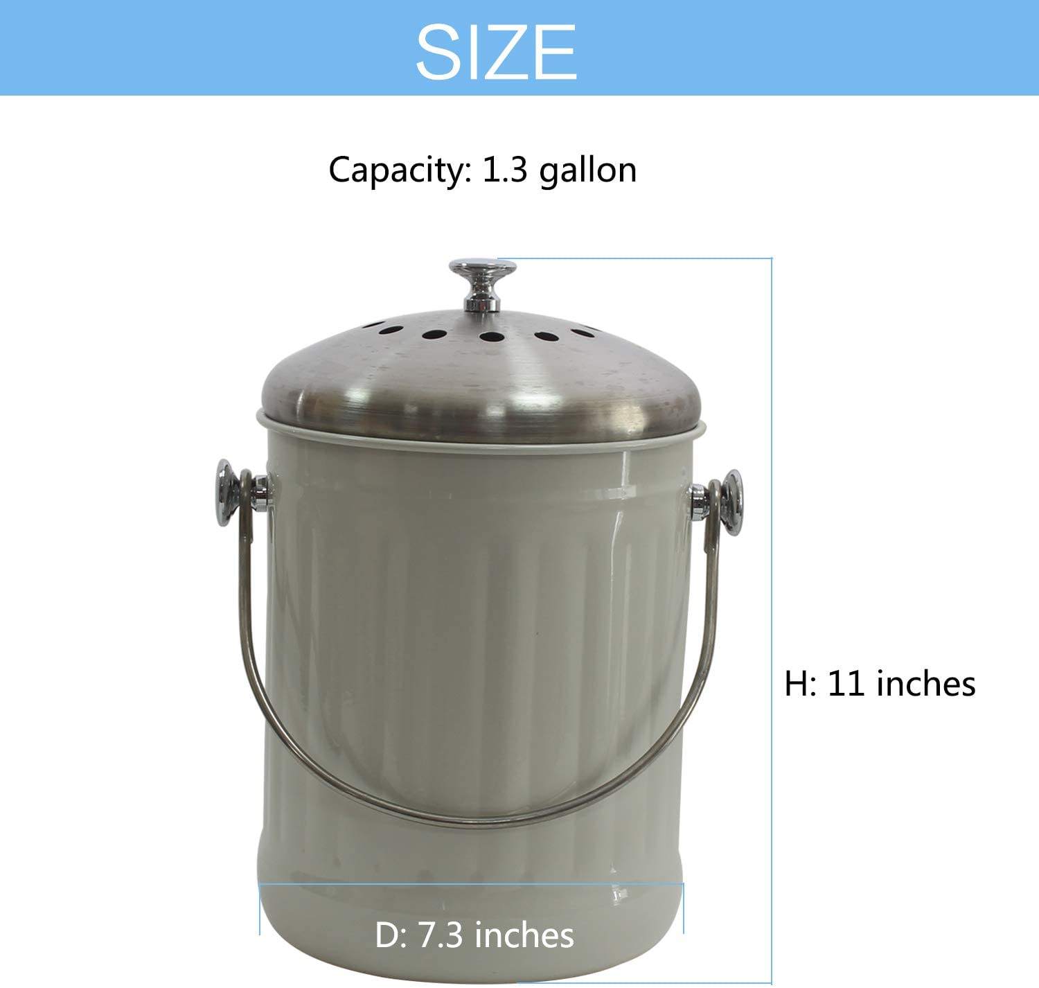 Composteur de 1,3 gal avec couvercle Bac à compost antirouille pour comptoir de cuisine en métal de zinc gauvinisé avec filtre à charbon
