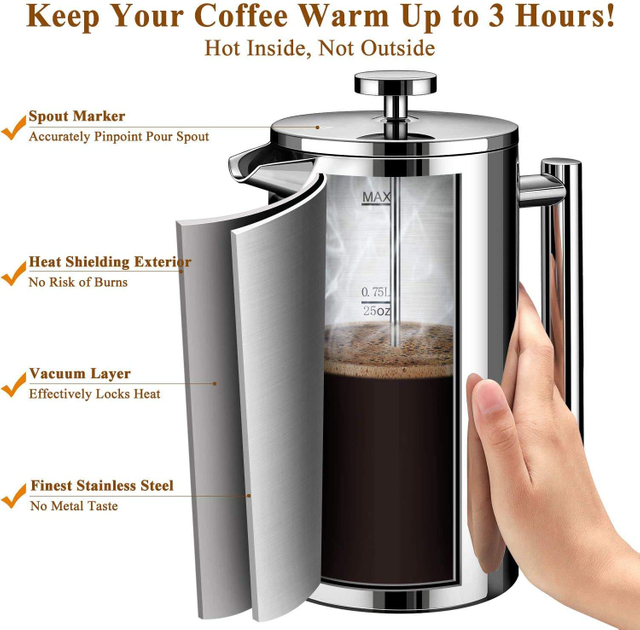 Presse à café en acier inoxydable de qualité 304 pour cafetière à piston
