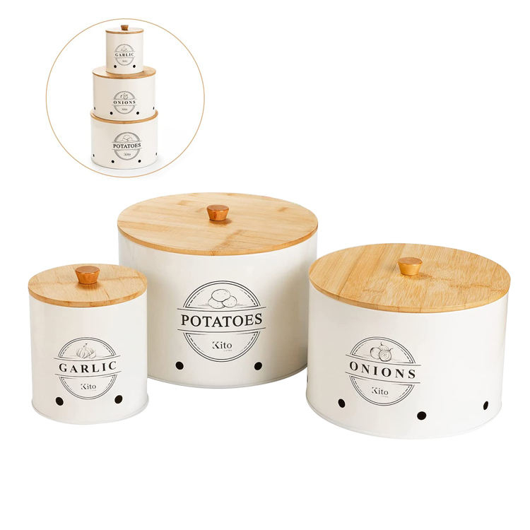 Ensembles de bidons pour comptoir de cuisine 3 pièces ail pomme de terre oignon gardien cuisine avec couvercles en bambou en bois