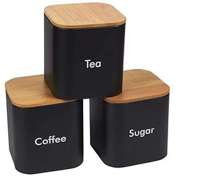 Récipient de stockage de nourriture de cuisine de récipient de sucre de café de thé en métal de haute qualité réglé avec le pot de couvercle en bois