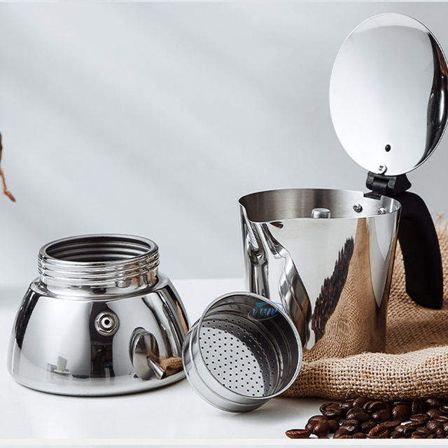 Moka en acier inoxydable Inox 18/8 Machine à expresso Moka Pot Induction de chaleur Disponible Poignée en nylon