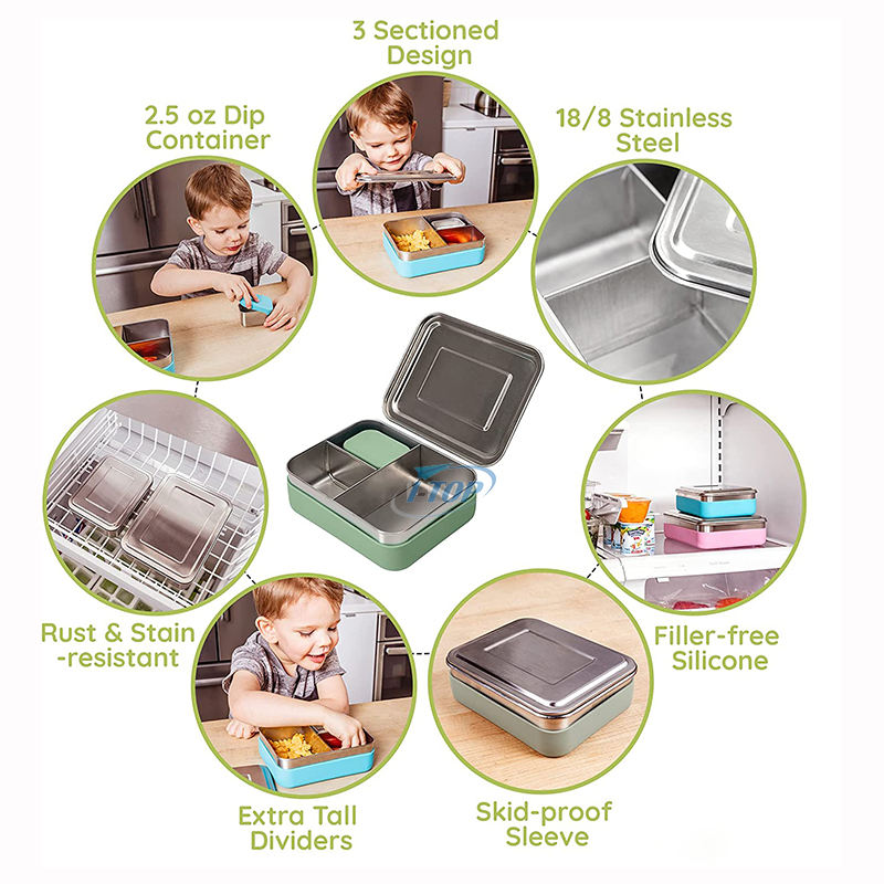Nouvelle arrivée étanche 3 compartiments école enfants style bento conteneur de stockage des aliments boîte à lunch en acier inoxydable bento boîte à lunch pour