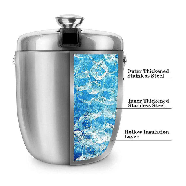 Seau à glace isolé avec pinces et couvercles 3,4 litres pour fêtes et bar, double paroi en acier inoxydable avec passoire