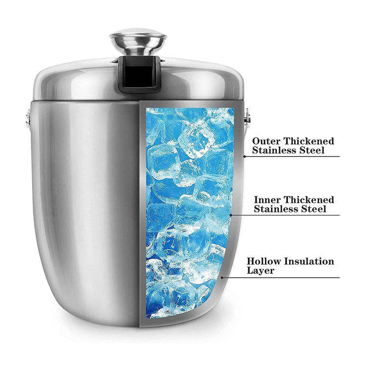 Seau à glace isolé avec pinces et couvercles 3,4 litres pour fêtes et bar, double paroi en acier inoxydable avec passoire
