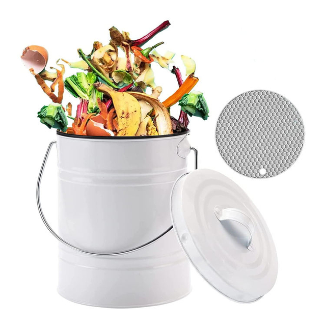 Produit Poubelle de cuisine avec poignée 1 gallon intérieur blanc avec seau en plastique Poubelle à compost avec filtre à charbon
