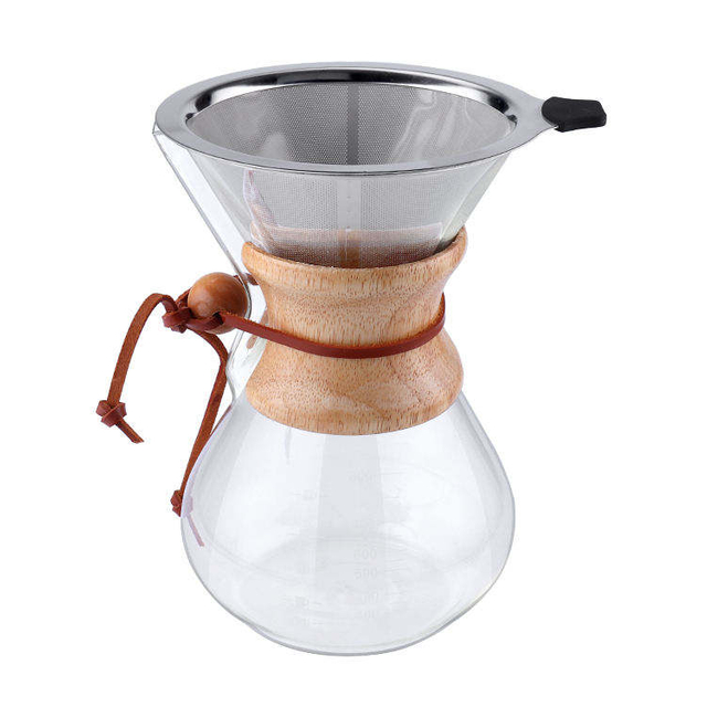 Vente chaude verser sur la cafetière en verre à haute teneur en borosilicate avec goutte à goutte de café en acier inoxydable sans papier et manchon en bois