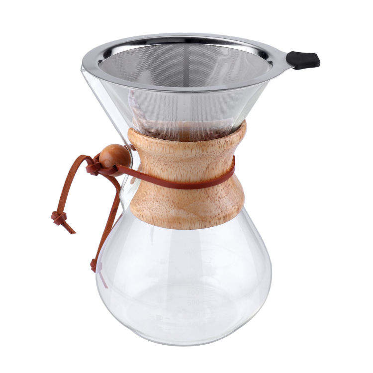Vente chaude verser sur la cafetière en verre à haute teneur en borosilicate avec goutte à goutte de café en acier inoxydable sans papier et manchon en bois