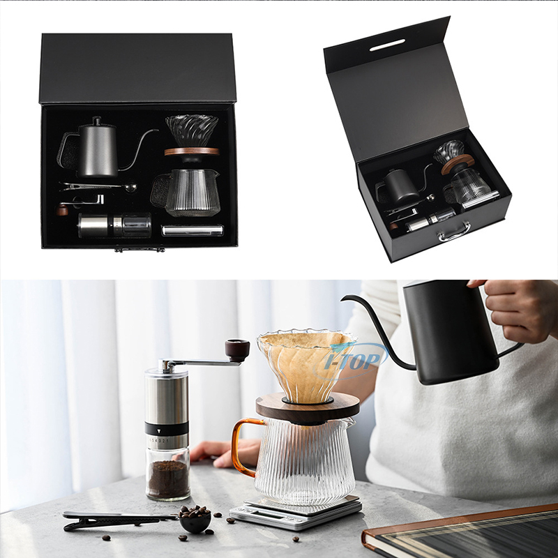 Échantillon disponible coffret cadeau voyage en plein air goutte à goutte café kit de café avec moulin à café manuel filtre bouilloire pot et cuillère